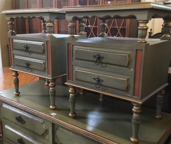 Pair light green painted and decorated bedside tables